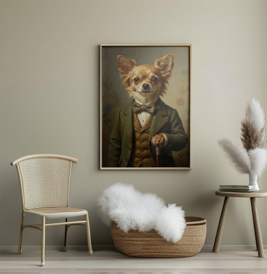 Vintage Style Chihuahua Portrait, Classic Gentleman Dog Wall Art, Unique Living Room Decor, Animal Lover Gift Idea, Elegant Pet Painting