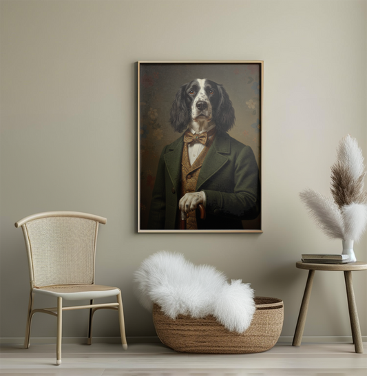 Vintage Style Dog Portrait Canvas, Classic Dressed Dog Wall Art, Sophisticated Pet Decor, Unique Animal Artwork for Living Room, Office