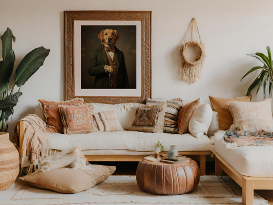 Whimsical Dog Portrait in Suit, Vintage Style Animal Art, Bohemian Decor, Unique Home Wall Art, Quirky Pet Painting, Gift Idea