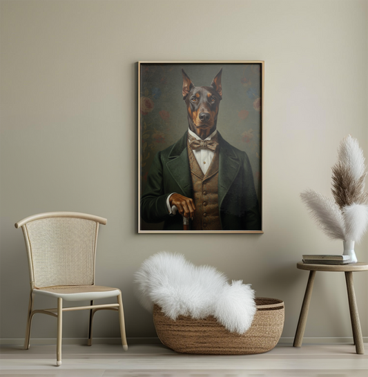 Classic Doberman Portrait Canvas, Elegant Dog in Suit Painting, Vintage Styled Animal Wall Art, Unique Living Room Decor